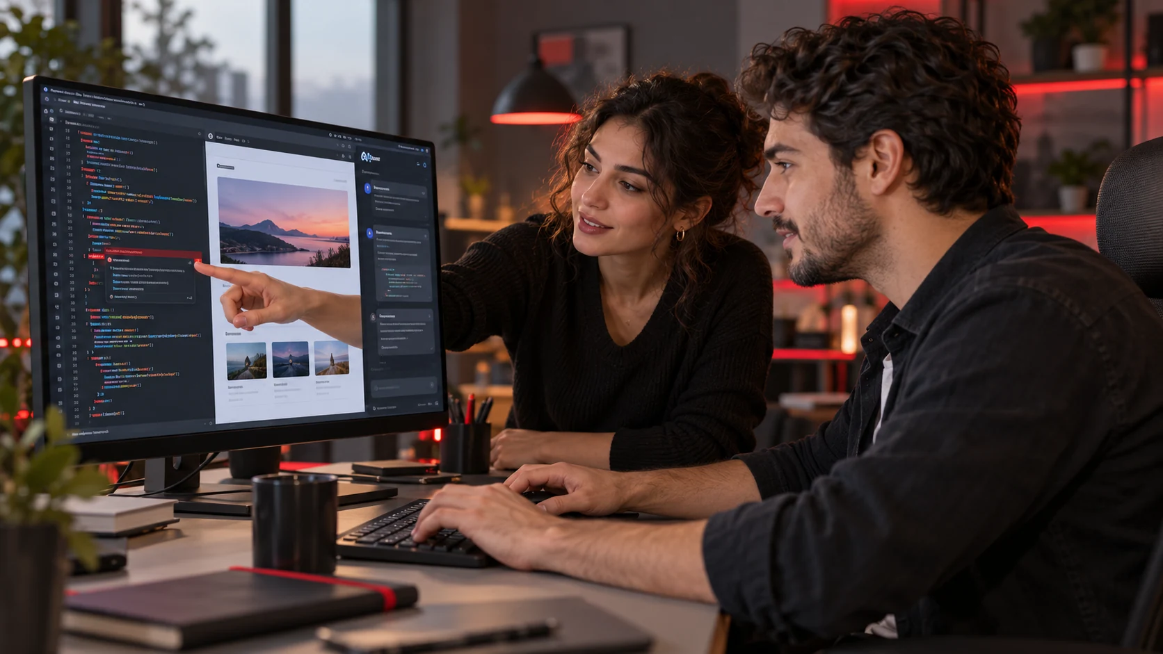 Yapay zekâ destekli kod editöründe uygulama geliştiren yetişkinler; temsili görsel